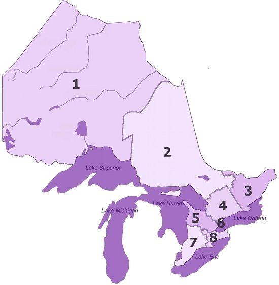 map of Ontario broken into regions