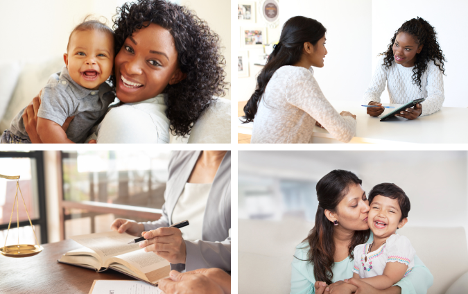 4 image collage - first image shows women with her baby, second image shows two women having a meeting, third image shows legal scales and books, last image shows women and her young son