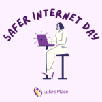Illustration of a woman sitting on a chair using a computer, symbolizing safe and mindful internet usage for Safer Internet Day