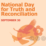 Indigenous inspired artwork showing a bird in flight, and a winding river inside a circular background, with smaller outlined icons of animals.